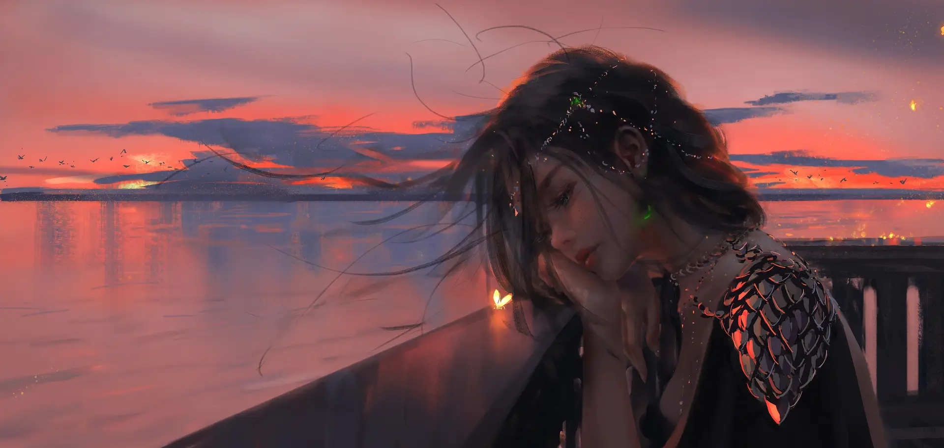 Melancholic Girl in Sunset Glow Illustration