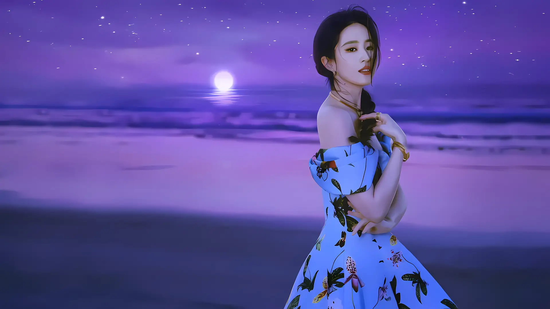 Liu Yifei in Floral Gown Under Purple Moonlit Seascape 4K Wallpaper