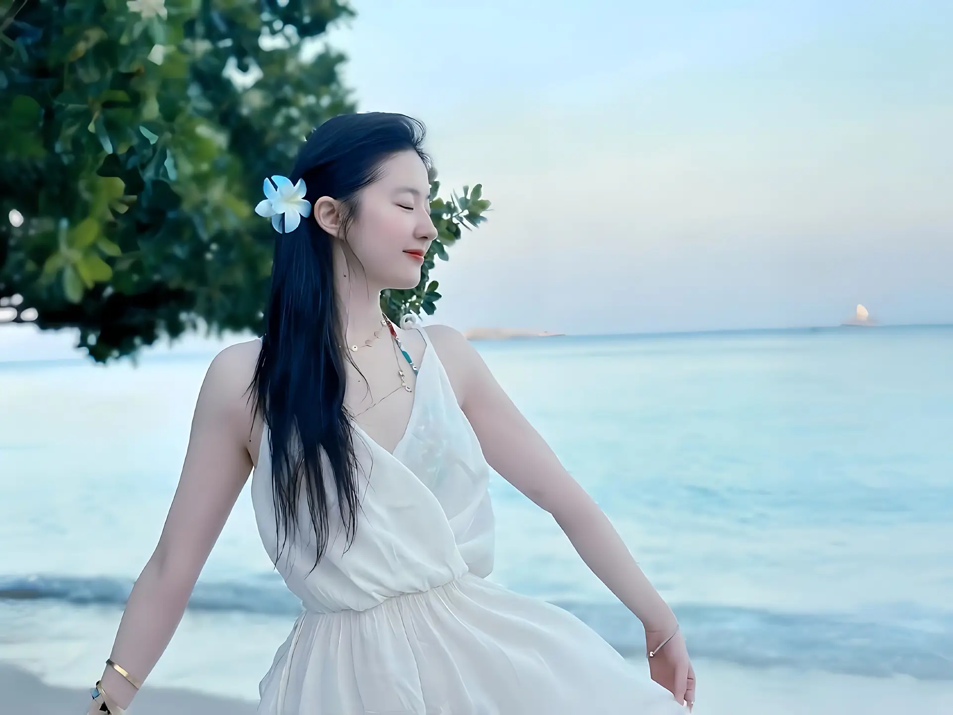 Liu Yifei White Dress Seaside Portrait 4K Wallpaper
