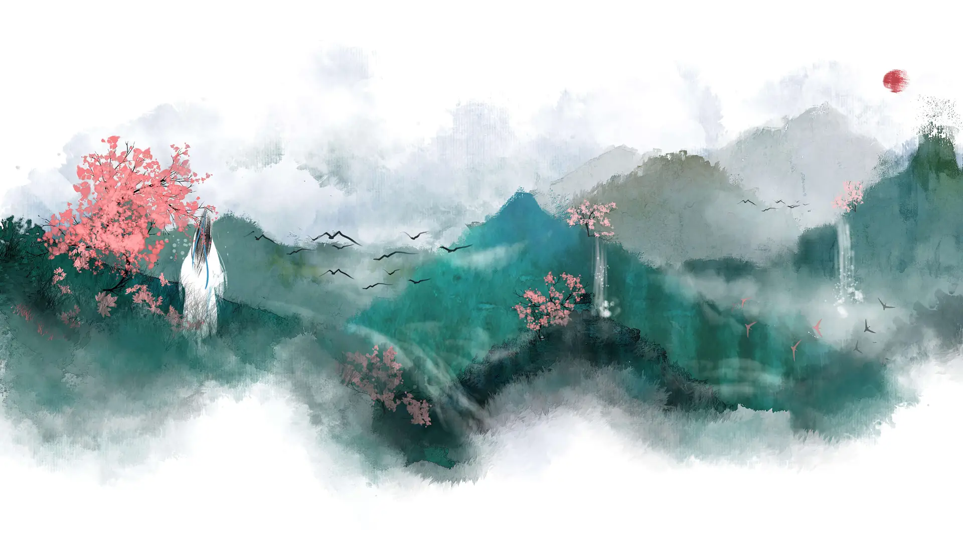 Chinese Ink Landscape with Peach Blossoms and Birds 4K Desktop Wallpaper