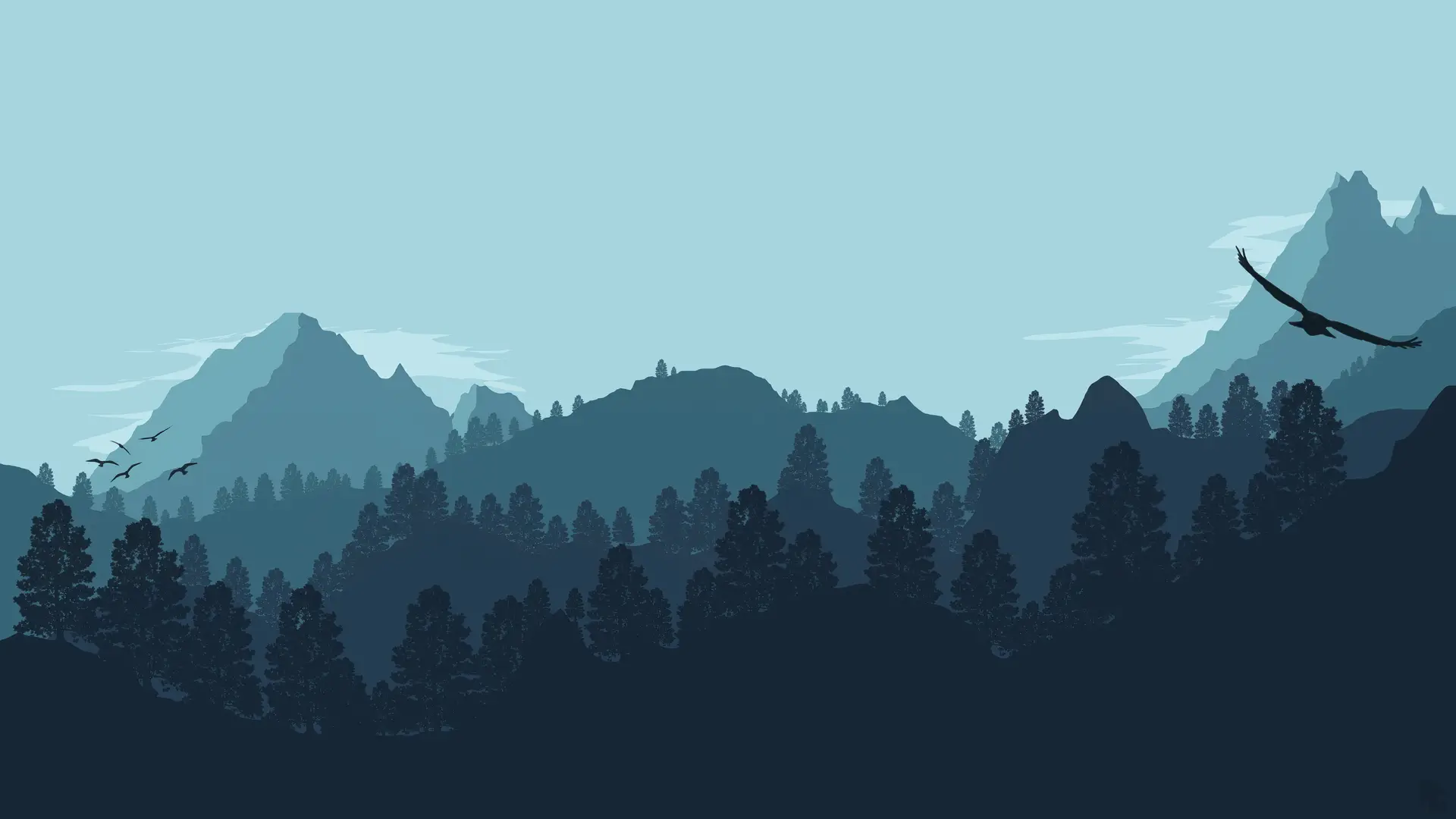 Green Mountains and Flying Birds Illustration 8K Desktop Wallpaper