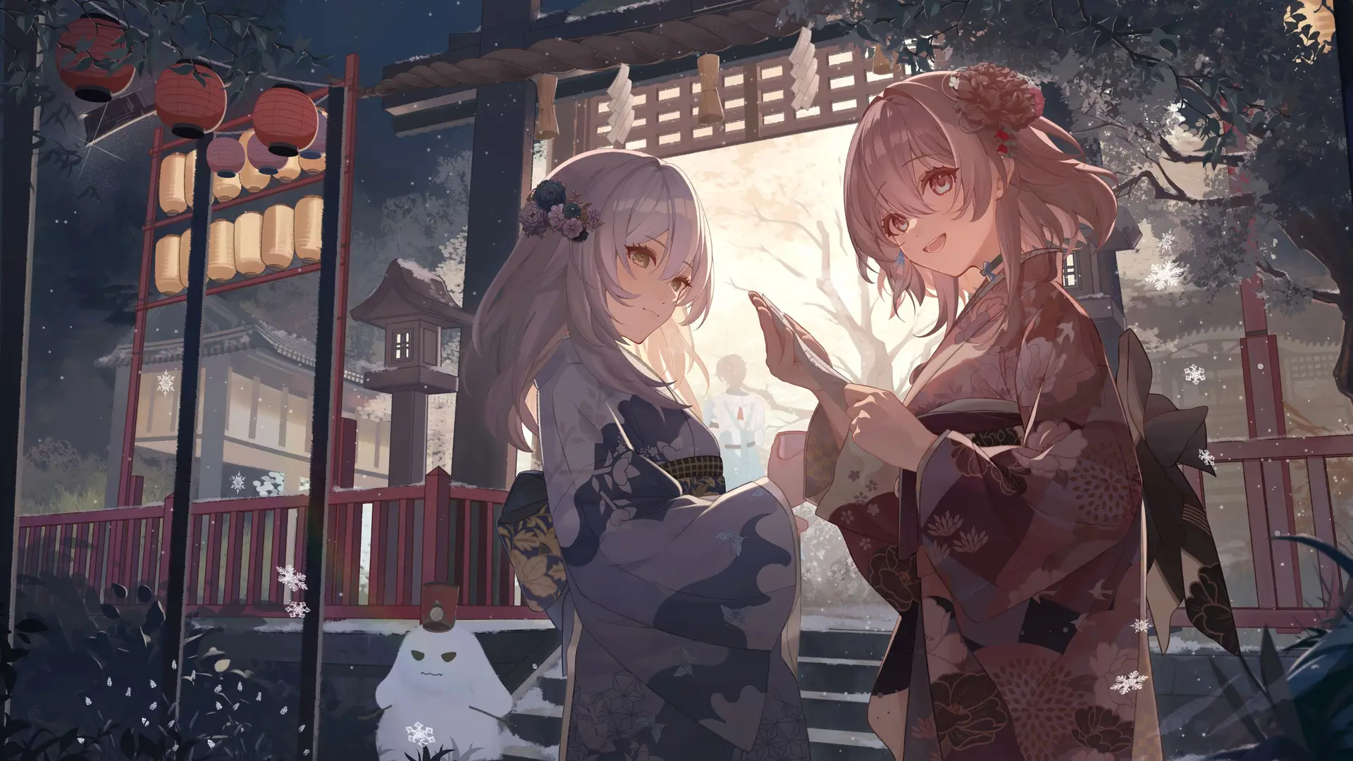Anime Girls in Kimono at Shrine Winter Night 8K Desktop Wallpaper
