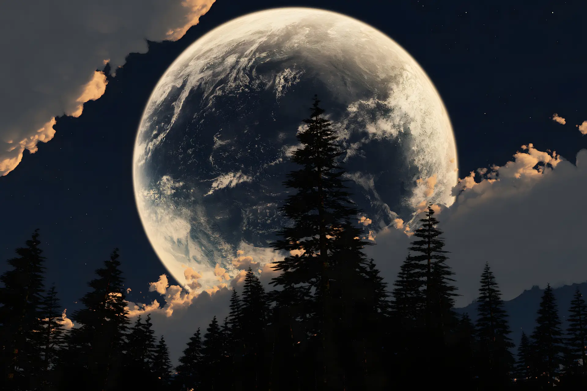 Giant Planet and Pine Forest 4K Desktop Wallpaper