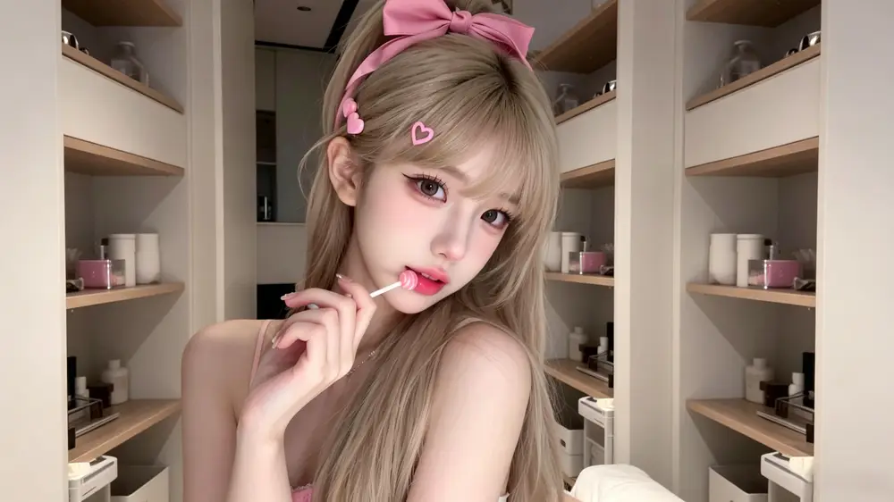 戴粉色蝴蝶结的长发女生在置物架前手持棒棒糖