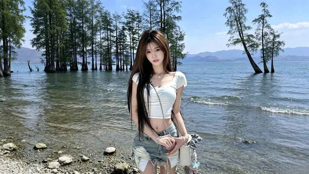 晴日湖畔浅水树林前的白衣牛仔短裤女子