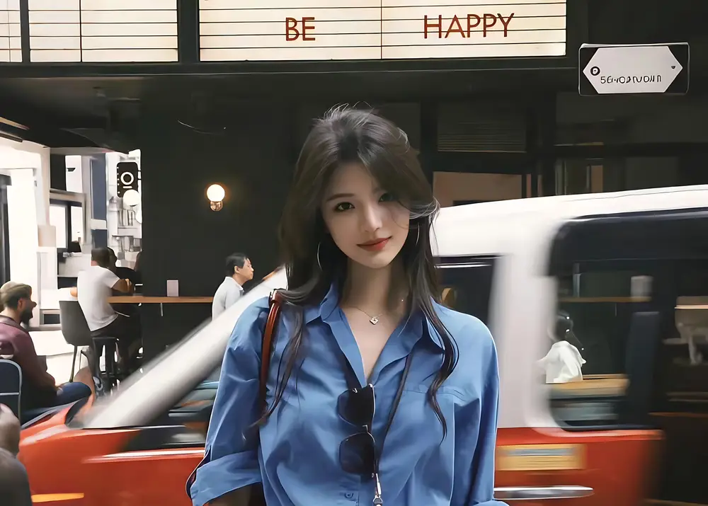 蓝衬衫长发女子街边微笑身后红白车辆驶过