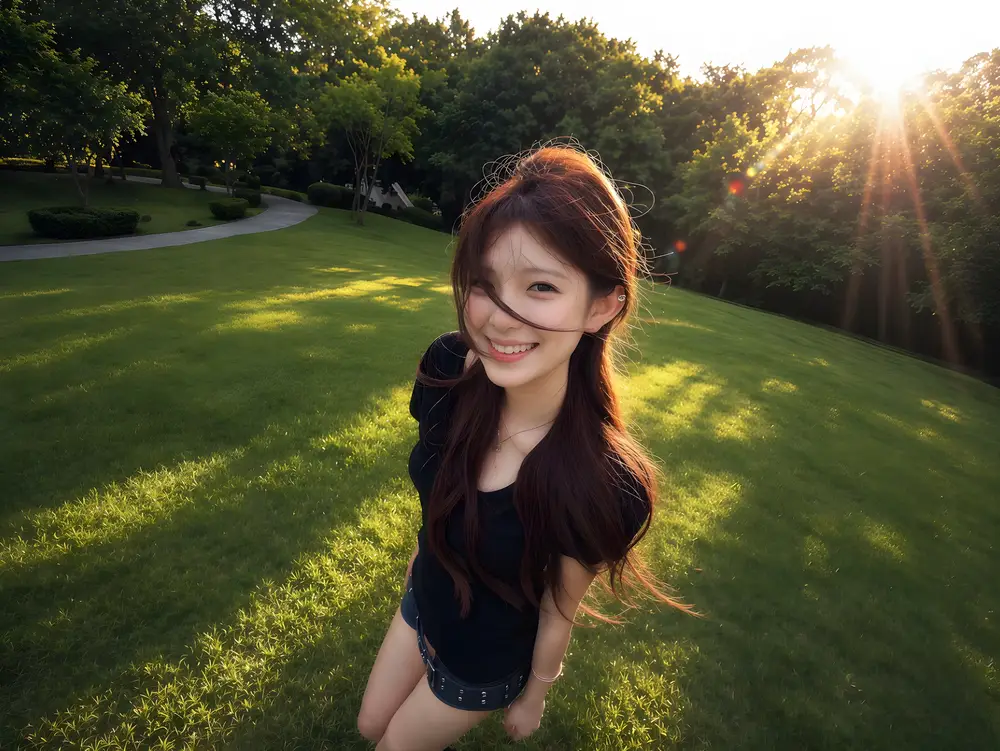 夕阳草坪上迎风微笑的黑衣长发女生逆光人像