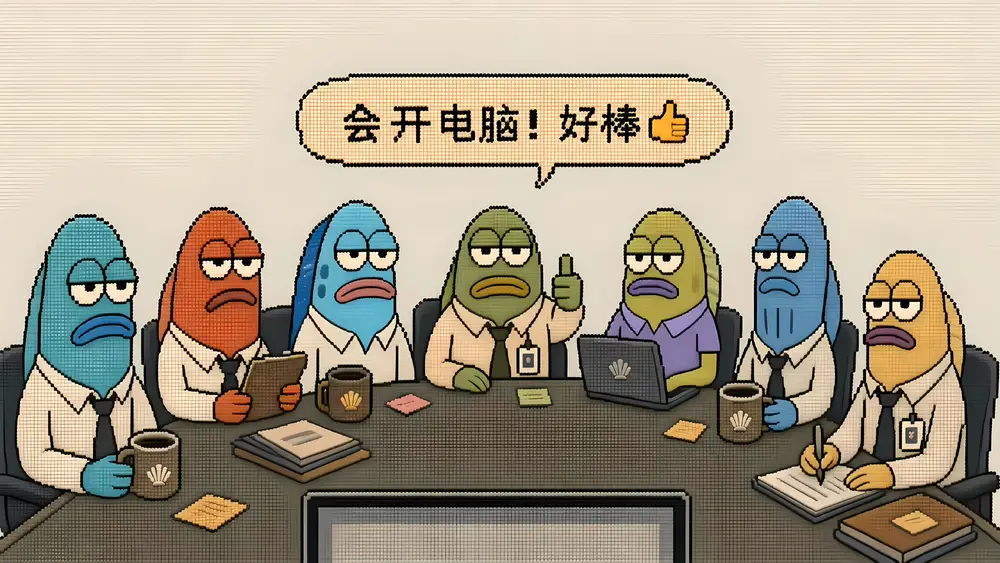 七条拟人鱼围坐会议桌称赞会开电脑的像素风漫画