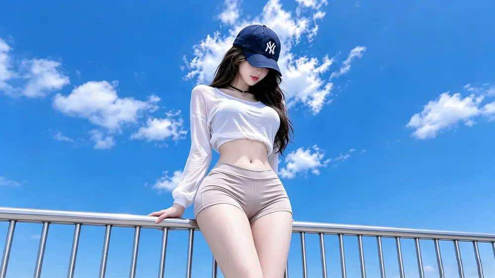 蓝天白云下扶栏低头的白衣棒球帽女子