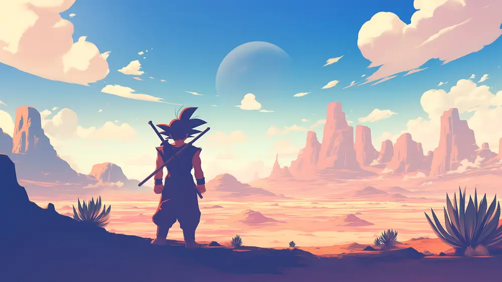 Anime Boy Standing On Alien Desert Landscape