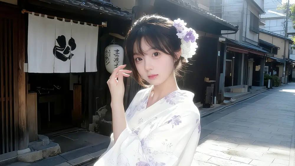 浅紫花饰和服女子在木屋街巷抬手迎光凝视