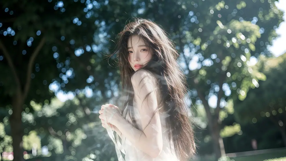 林荫下白衣长发女子回眸与背景逆光光斑