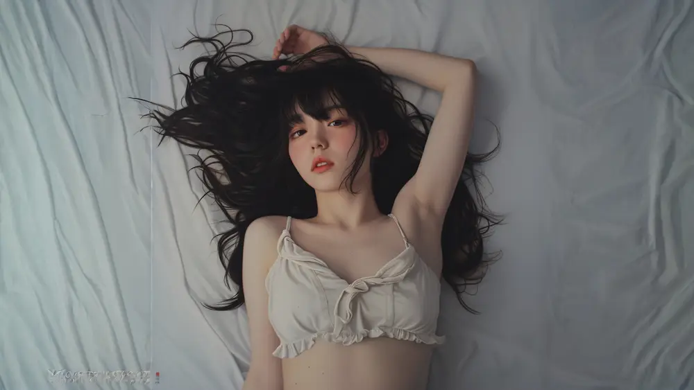 白色床单上黑发铺散的抬臂女子俯拍人像