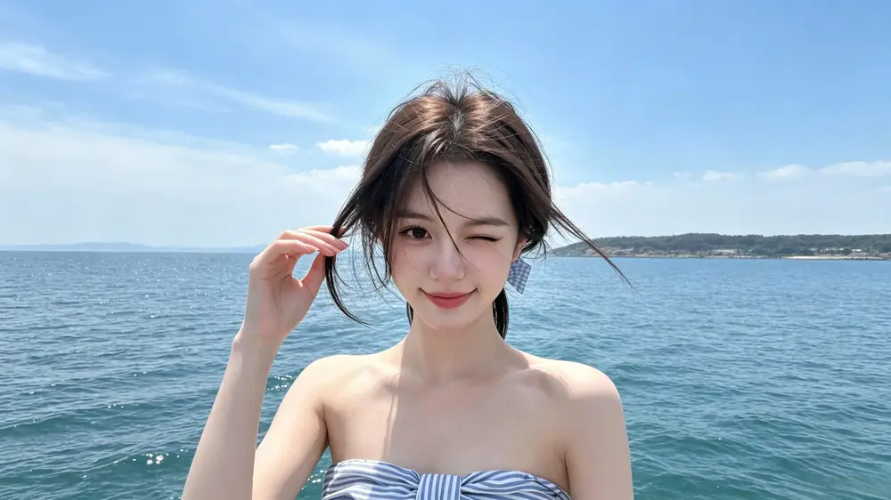 晴空海面前眨眼撩发的蓝白条纹抹胸女子