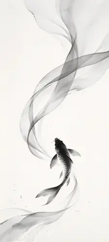 1440x3200 Mobile Wallpaper - 水墨黑白锦鲤游动手机壁纸
