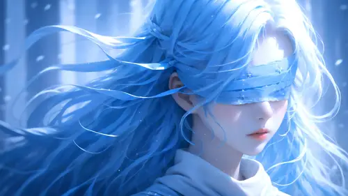 7680x4320 Desktop Wallpaper - 蒙眼蓝发少女8K电脑壁纸，飘逸长发唯美插画