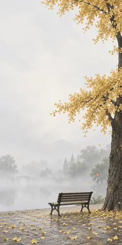887x1774 Mobile 自然风景 Wallpaper - 雾色湖边长椅旁金黄银杏落叶秋日静谧景致