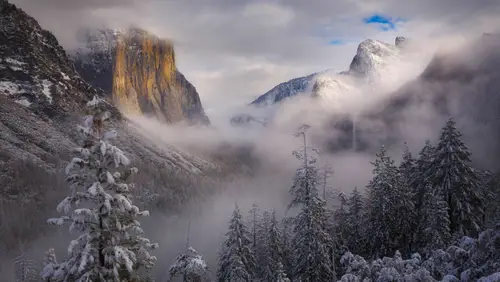 5077x2856 Desktop Wallpaper - 优胜美地国家公园雪山云雾4K电脑壁纸