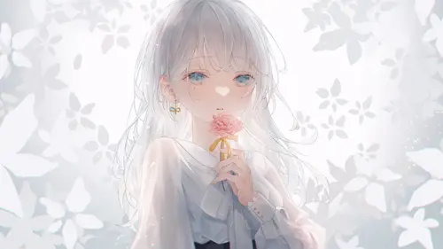 3840x2161 Desktop 动漫二次元 Wallpaper - Soft anime silver hair girl with pink flower illustration