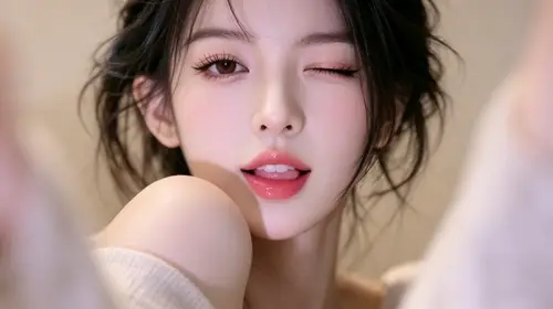 2732x1534 Desktop Wallpaper - 暖色虚化背景下黑发女子眨眼露肩正面特写