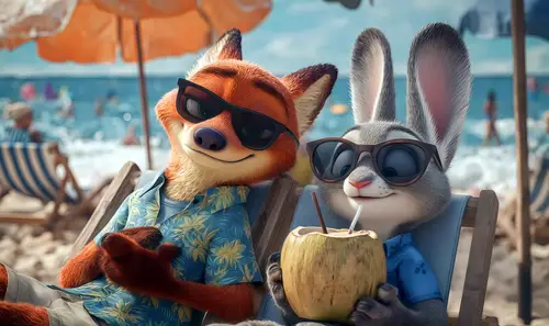 3840x2280 Desktop 动漫二次元 Wallpaper - Fox and Rabbit Summer Beach Vacation Wallpaper