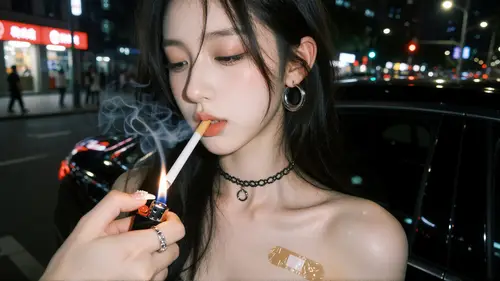 1920x1080 Desktop 人像摄影 Wallpaper - 夜晚街头黑发女子车旁点烟的近景人像