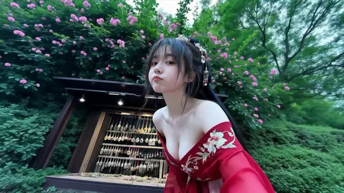 3840x2160 Desktop 人像摄影 Wallpaper - 粉花绿荫与饰品摊前的红色绣花露肩裙女子近景
