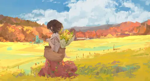 7591x4096 Desktop Wallpaper - 少女与花篮田野风景4K电脑壁纸