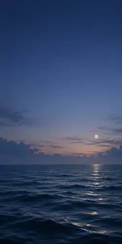 887x1774 Mobile 自然风景 Wallpaper - 月夜海面泛着月光 深蓝渐变天空点缀薄云