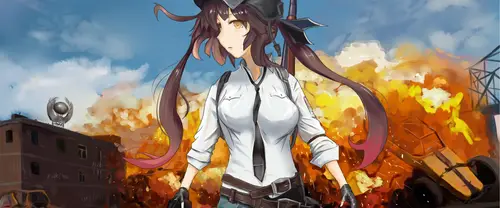 3840x1600 Ultrawide Wallpaper - 白衬衫双马尾少女立于废墟爆炸火光前