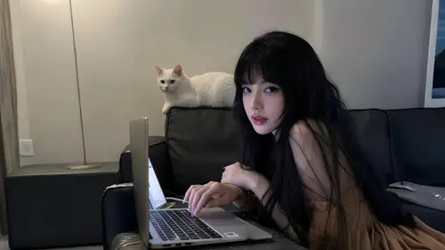 3840x2160 Desktop 人像摄影 Wallpaper - 黑长发女子在沙发前使用笔记本与靠背白猫同框
