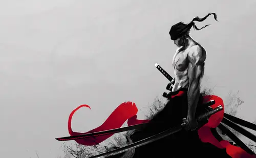 5669x3500 Desktop Wallpaper - 罗罗诺亚·索隆水墨黑白红4K电脑壁纸
