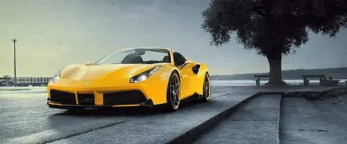3840x1600 Ultrawide Wallpaper - 黄色法拉利敞篷跑车湖畔公路超宽屏壁纸