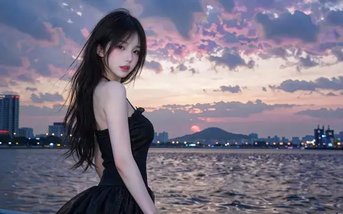 2048x1280 Desktop Wallpaper - 城市水岸粉紫晚霞下回眸的黑色抹胸裙长发女子
