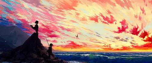 3840x1600 Ultrawide Wallpaper - 海边山崖剪影人物超宽屏壁纸