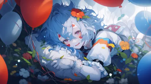 7708x4320 Desktop Wallpaper - Blue Hair Girl Balloons Flower Bed 8K Desktop Wallpaper
