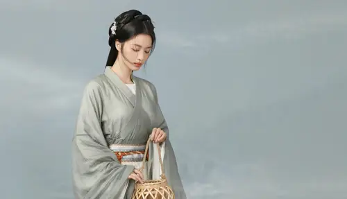 7680x4411 Desktop Wallpaper - 古风青衣女子提篮8K电脑壁纸