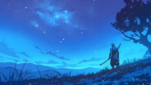 3840x2160 Desktop Wallpaper - 星空下的剑客4K电脑壁纸，蓝色夜空与远山剪影