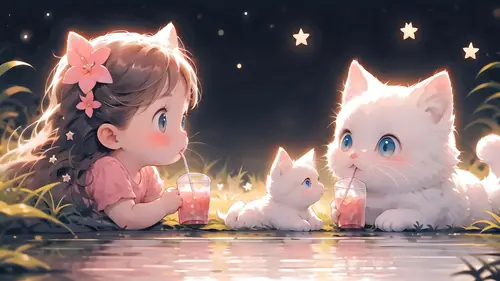 1920x1080 Desktop Wallpaper - 小女孩与小白猫星空下喝饮料电脑壁纸
