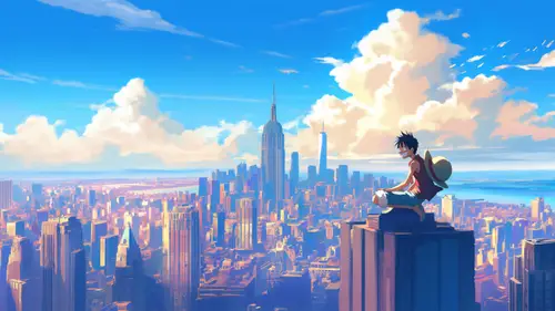 2901x1632 Desktop Wallpaper - 航海王路飞纽约天际线动漫电脑壁纸