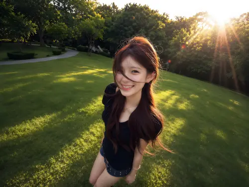 2718x2040 Desktop Wallpaper - 夕阳草坪上迎风微笑的黑衣长发女生逆光人像