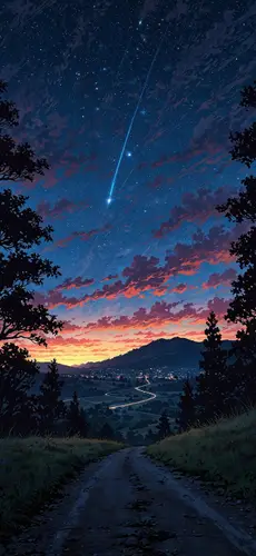 1290x2796 Mobile 自然风景 Wallpaper - 落日流星山野风光