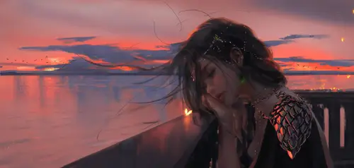 4400x2092 Desktop Wallpaper - 落日余晖下的忧郁少女