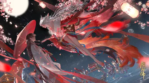 3840x2160 Desktop Wallpaper - 狐妖执伞相遇 樱雨夜灯4K电脑壁纸