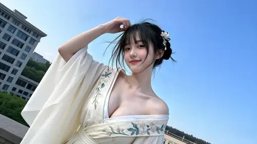 4000x2250 Desktop Wallpaper - 蓝天下抬手理发的刺绣宽袖白裙女子半身照