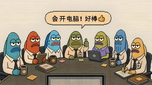 4000x2250 Desktop 艺术插画 Wallpaper - 七条拟人鱼围坐会议桌称赞会开电脑的像素风漫画