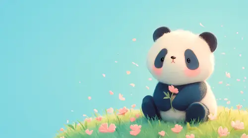 3854x2160 Desktop Wallpaper - 薄荷蓝背景下坐在花草地上捧粉花的圆脸熊猫