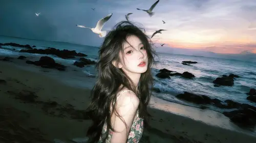 3413x1920 Desktop 人像摄影 Wallpaper - 暮色礁石海滩上回眸的碎花裙长发少女