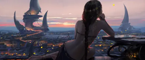 3840x1600 Ultrawide Wallpaper - 梦幻城市夜景与少女超宽屏壁纸