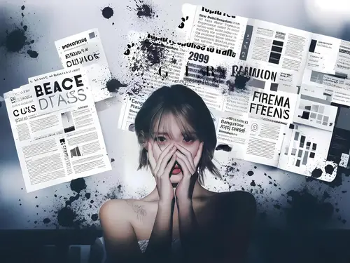 1920x1440 Desktop 人像摄影 Wallpaper - 双手掩口少女置身蓝灰报纸拼贴与墨迹中